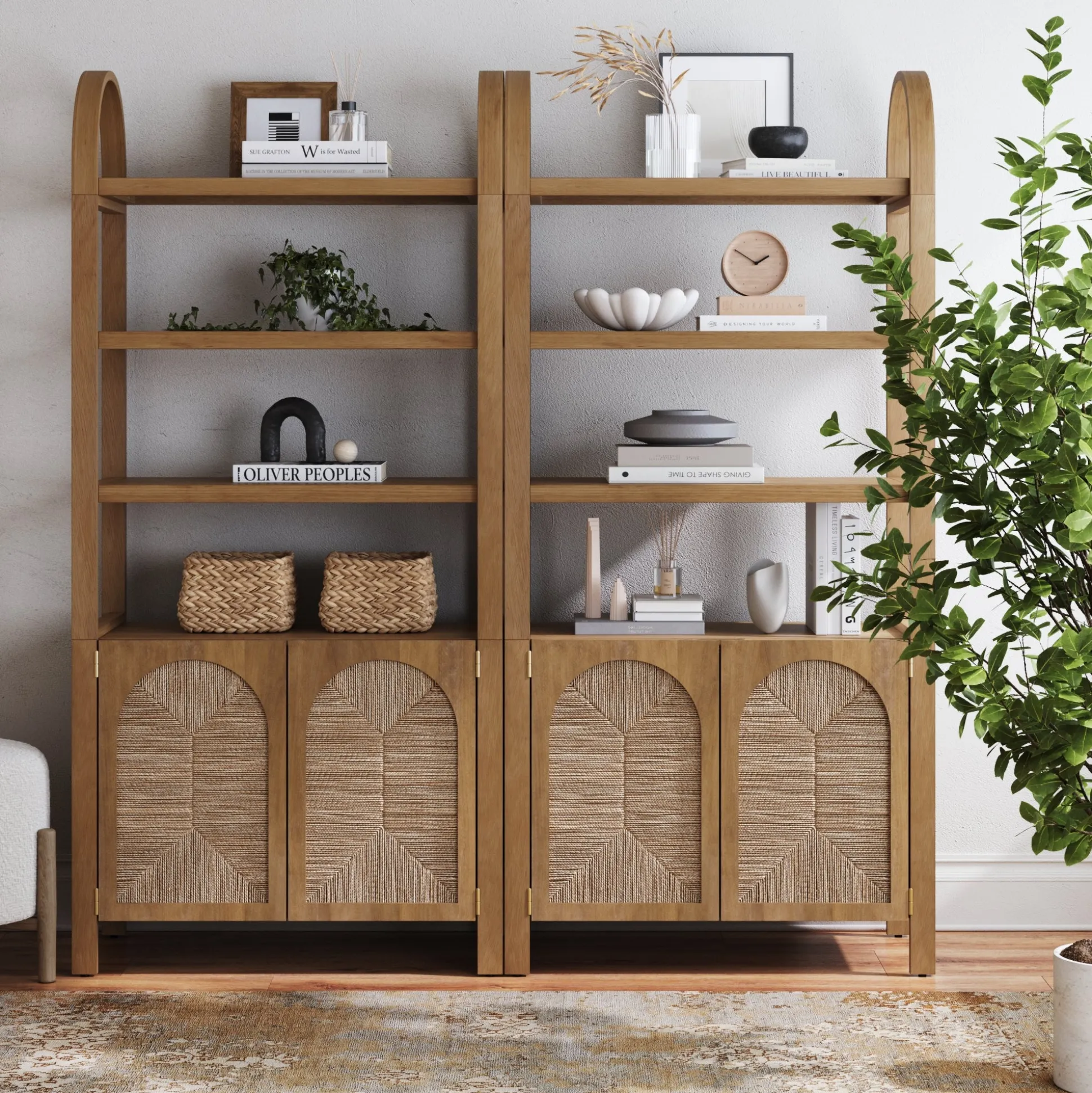 Boho Seagrass Arched Bookshelf Light Brown (Set of 2)