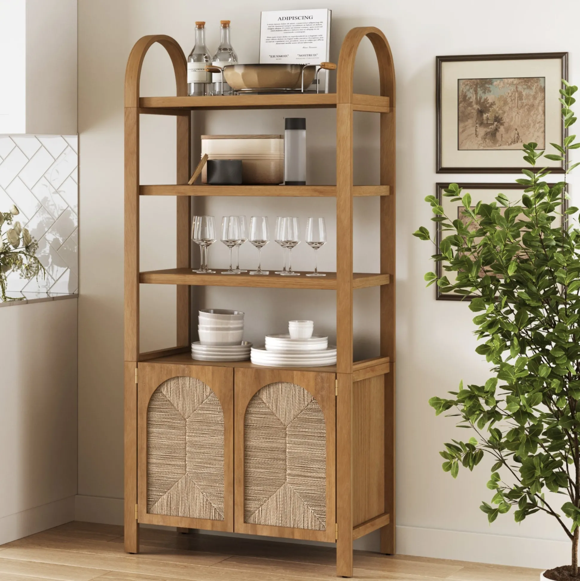 Boho Seagrass Arched Bookshelf Light Brown