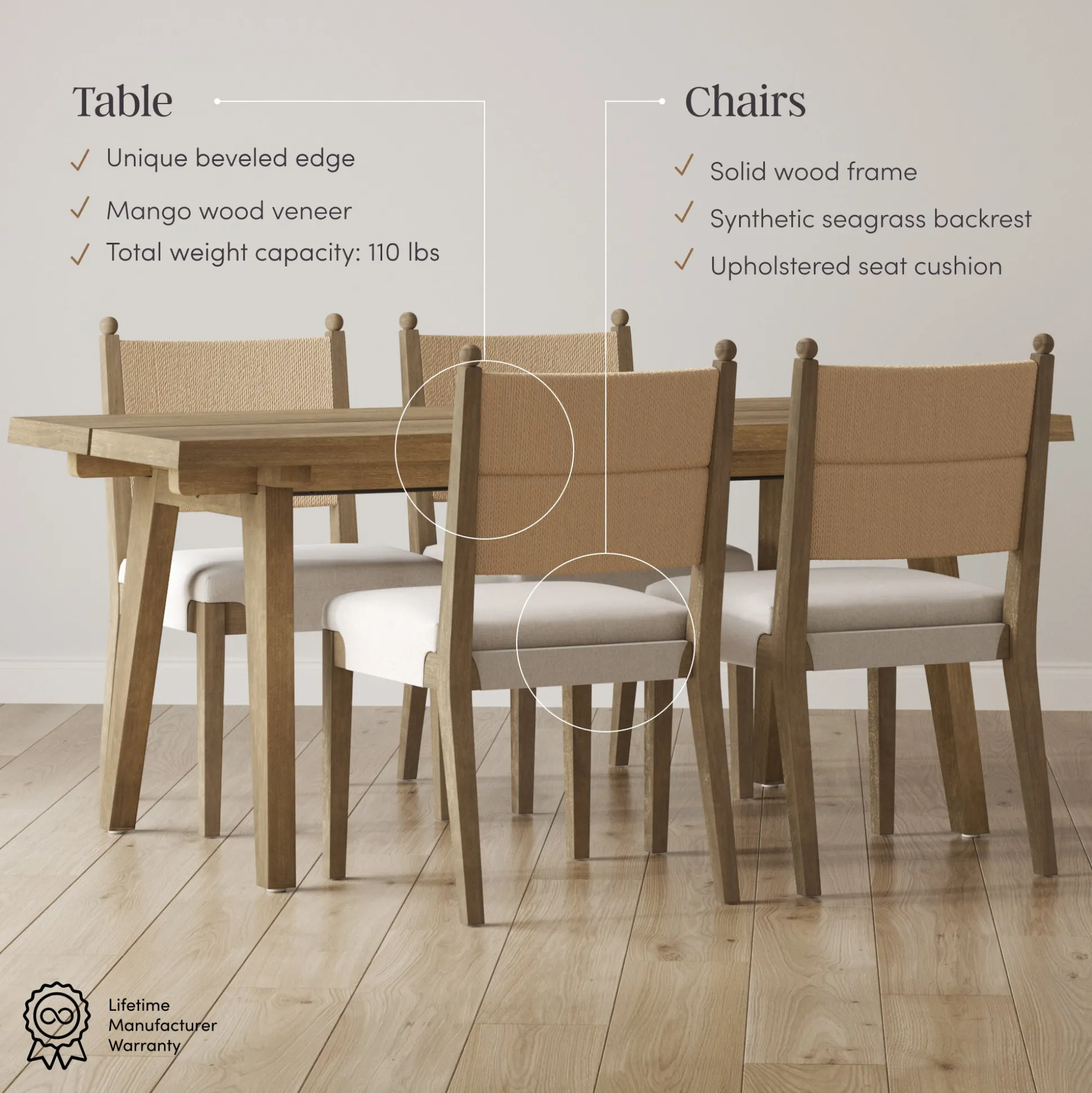 Boho Seagrass Dining Table Set (4 Chairs)