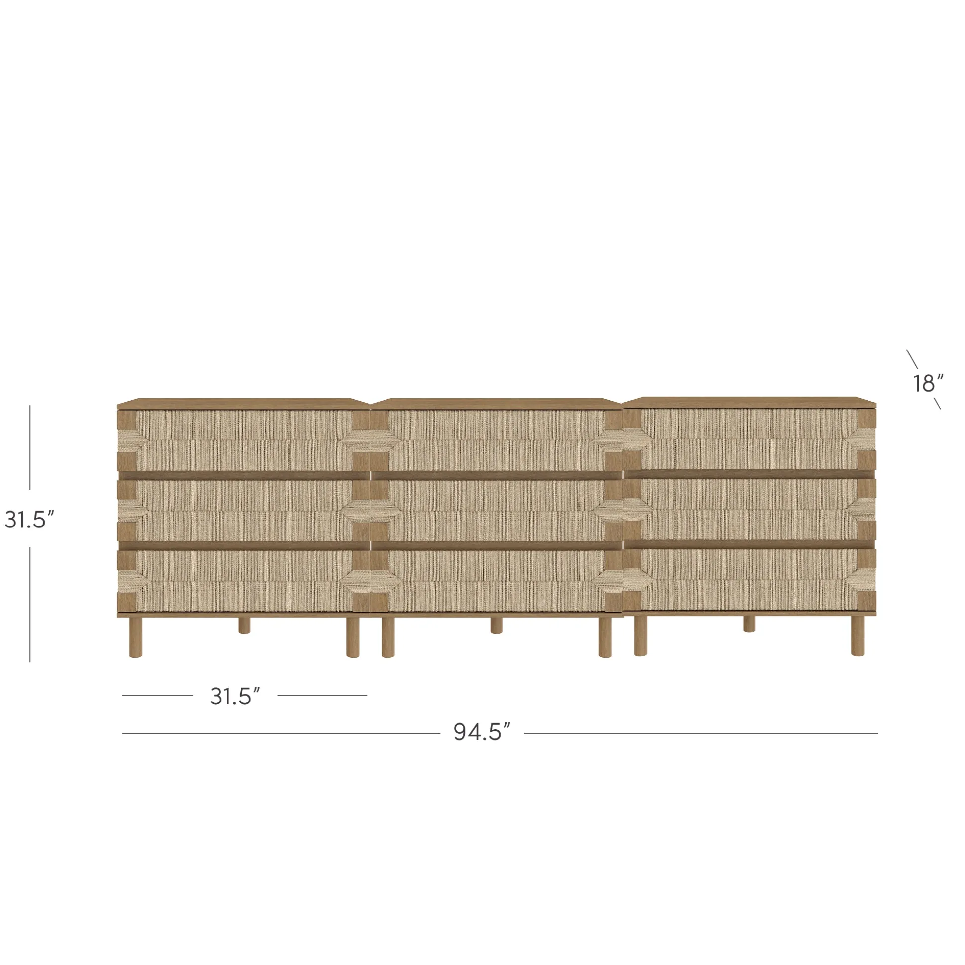 Boho Seagrass 3-Drawer Dresser Light Brown (Set of 3)