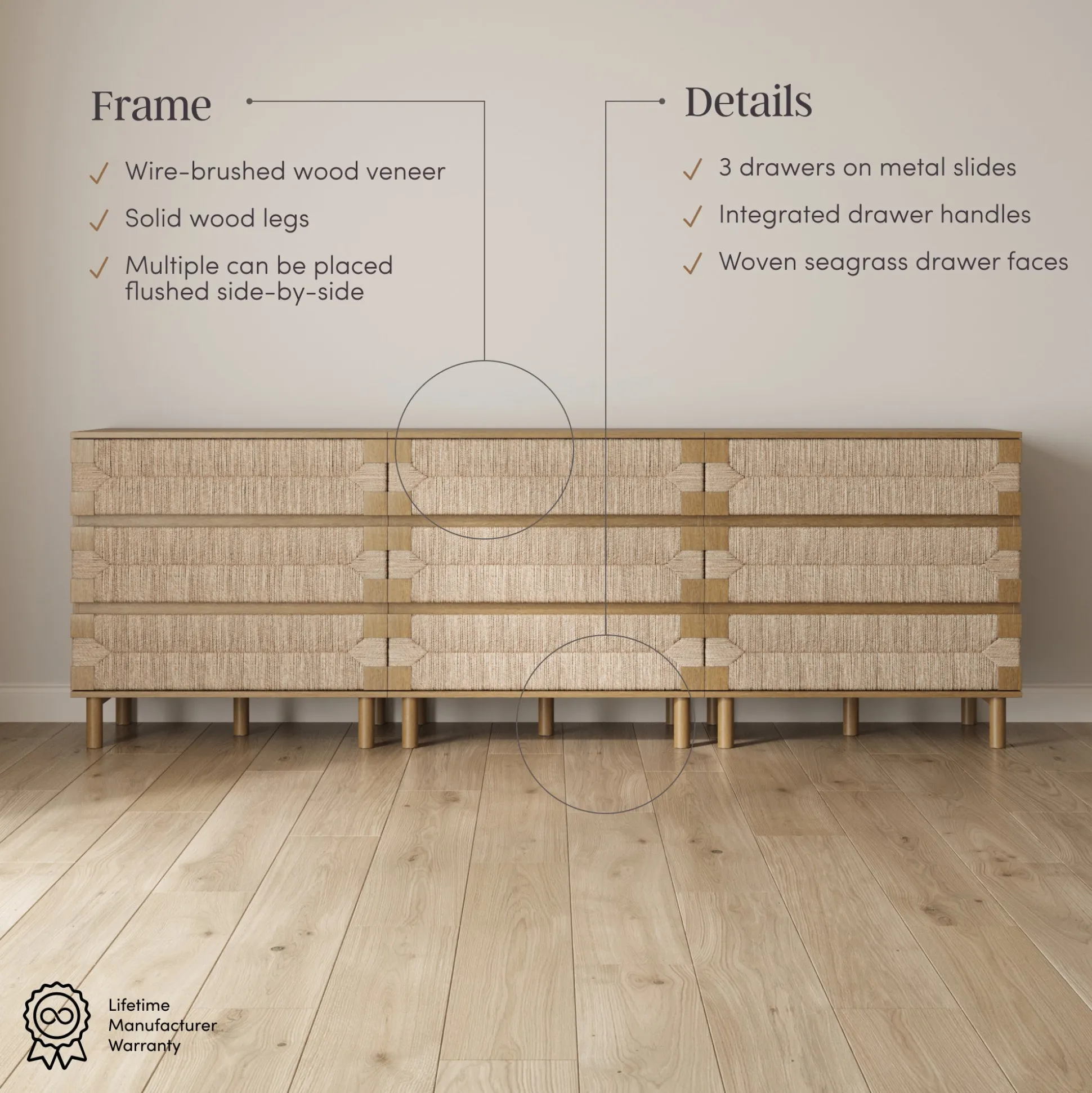 Boho Seagrass 3-Drawer Dresser Light Brown (Set of 3)