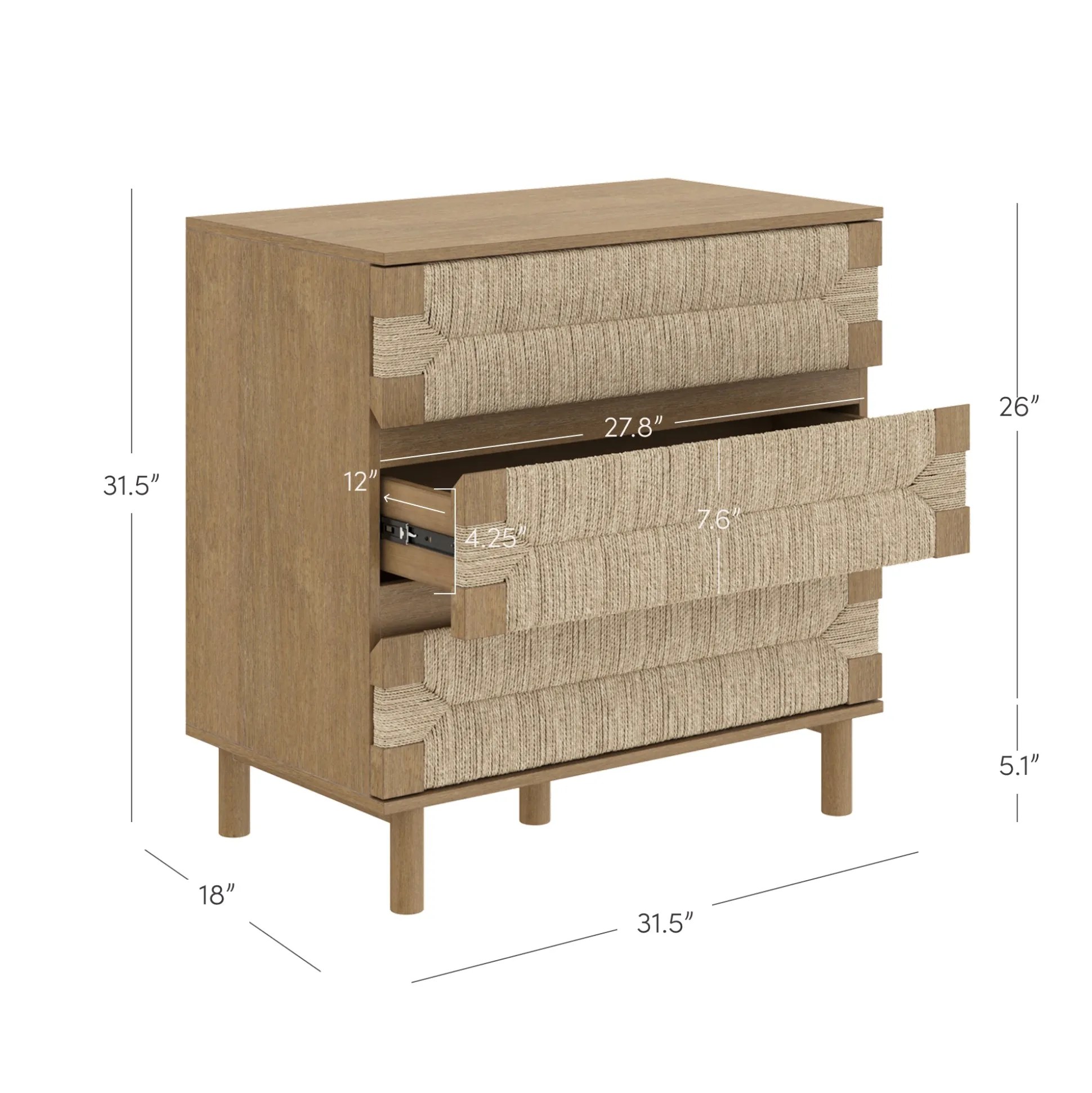 Boho Seagrass 3-Drawer Dresser Light Brown (Set of 3)