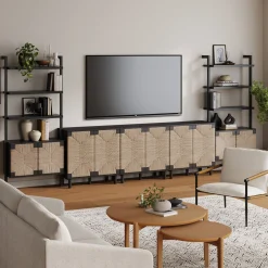 Boho Seagrass Entertainment Center Black (3 Cabinets)