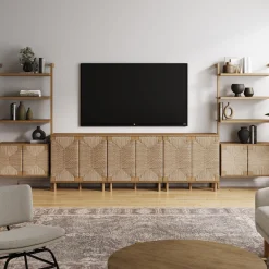 Boho Seagrass Entertainment Center Light Brown (3 Cabinets)