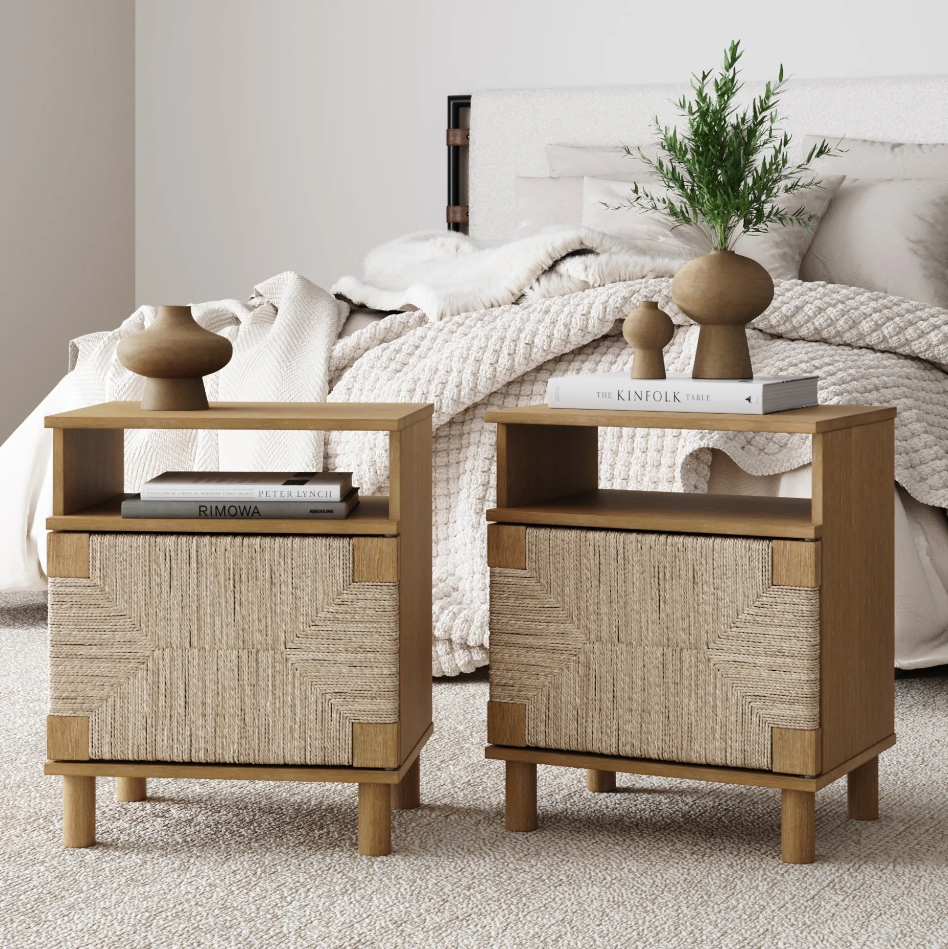 Boho Seagrass Storage Nightstands (Set of 2)