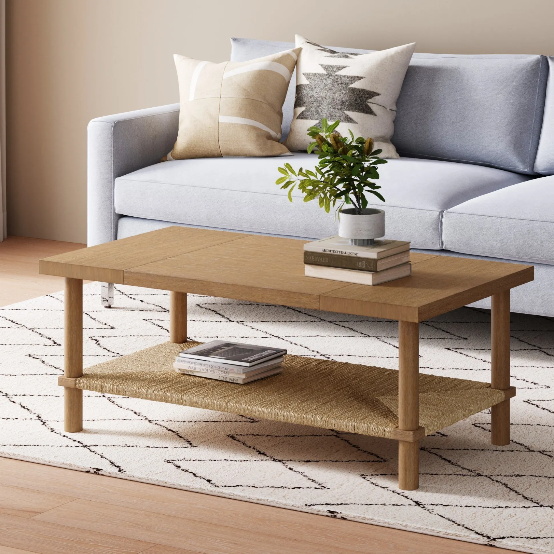 Boho Seagrass & Wood Coffee Table