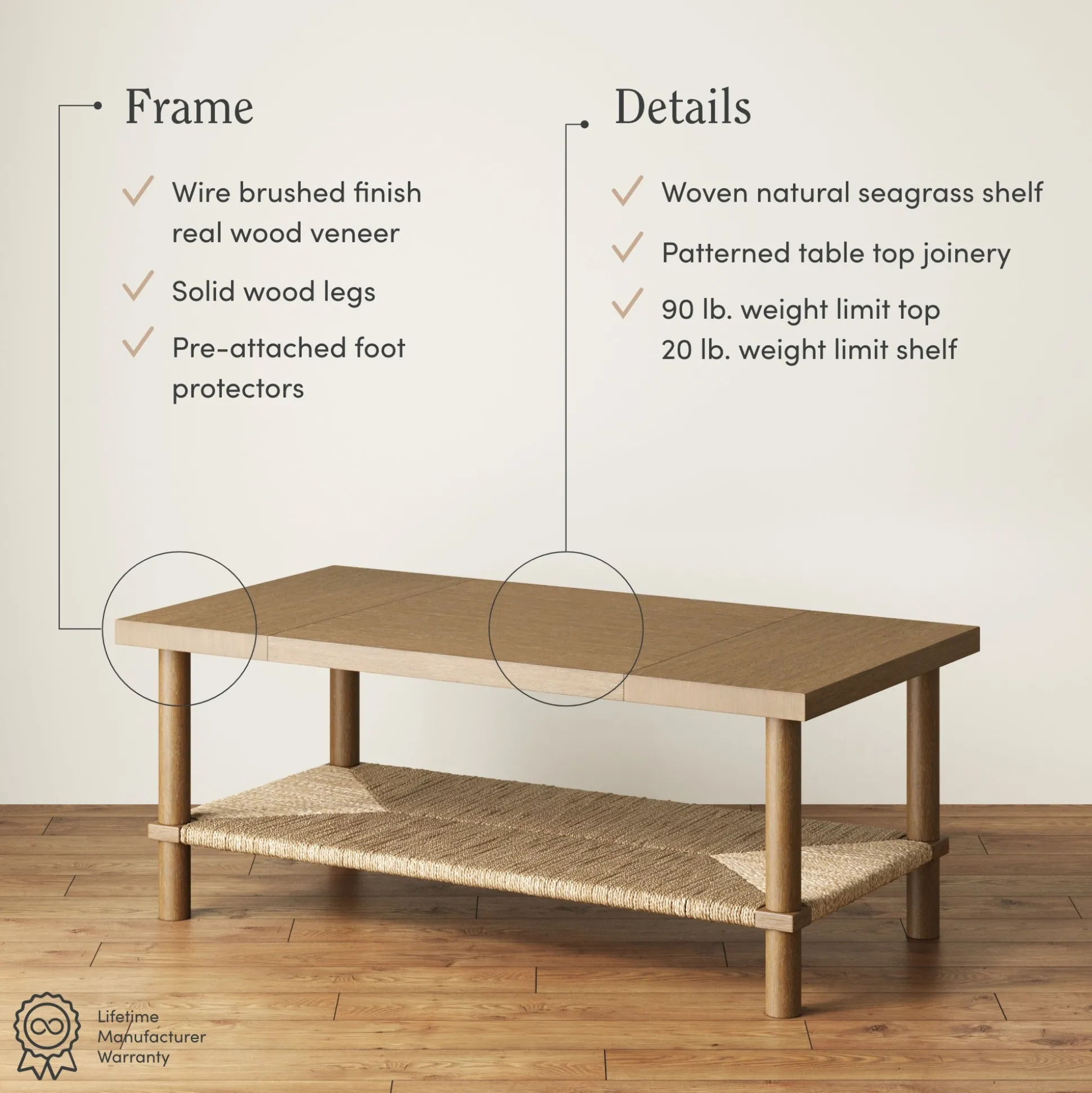 Boho Seagrass & Wood Coffee Table