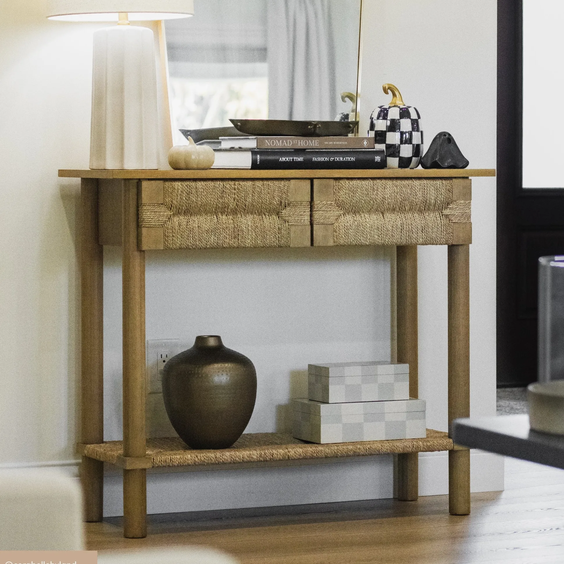 Boho Seagrass & Wood Console Table