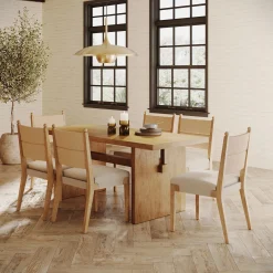 Boho Solid Wood Dining Set Light Brown (6 Chairs)