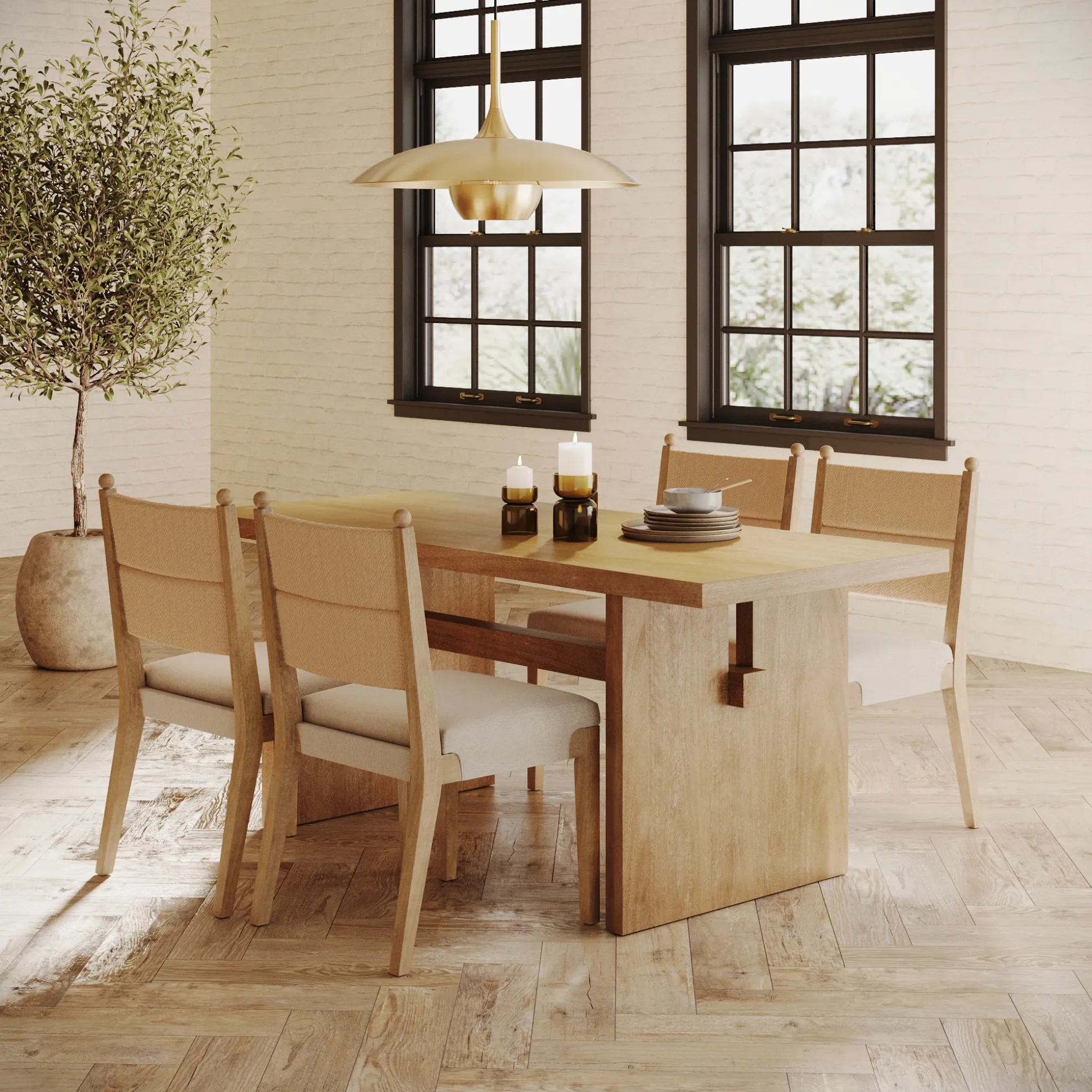 Boho Solid Wood Dining Set Light Brown (4 Chairs)