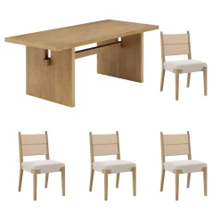 Boho Solid Wood Dining Set Light Brown (4 Chairs)