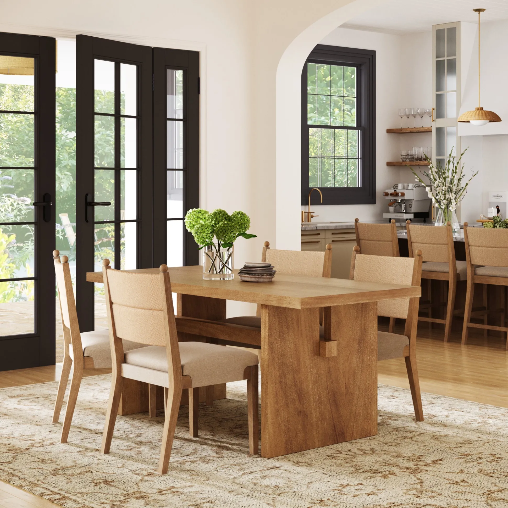 Boho Solid Wood Dining Set Light Brown (4 Chairs)