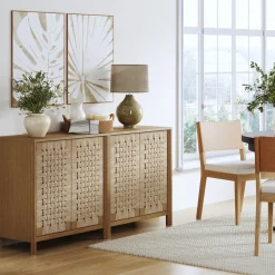 Boho Woven Seagrass Storage Cabinet Credenza Light Brown (Set of 2)