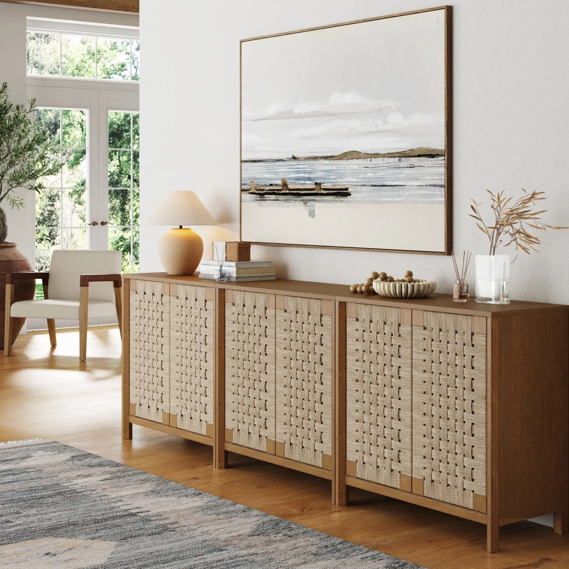Boho Woven Seagrass Storage Cabinet Credenza Light Brown (Set of 3)
