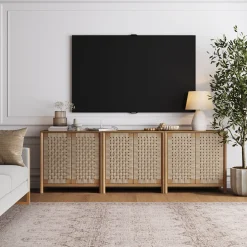Boho Woven Seagrass Storage Cabinet Credenza Light Brown (Set of 3)