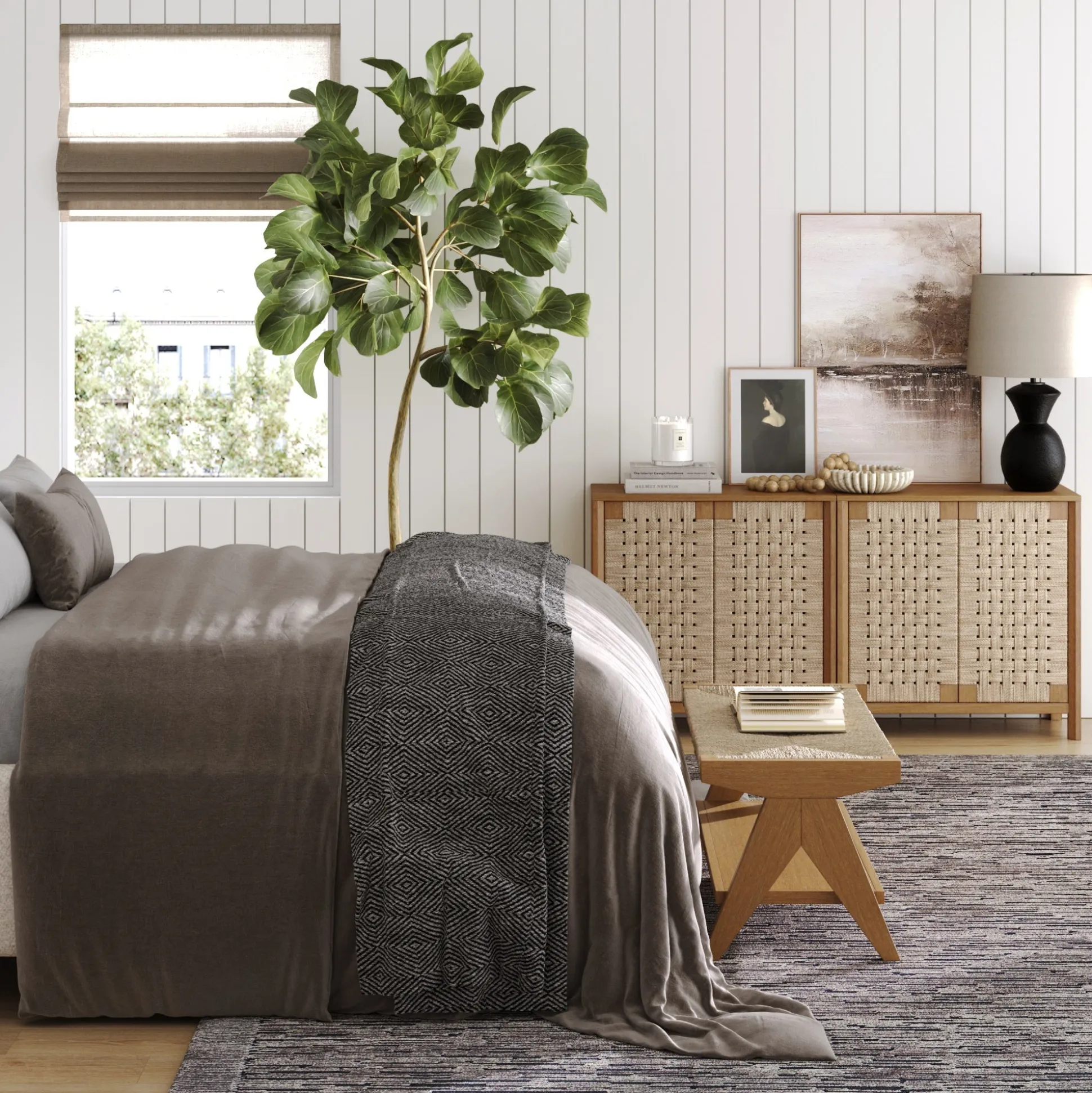 Boho Woven Seagrass & Wood Storage Cabinet Light Brown