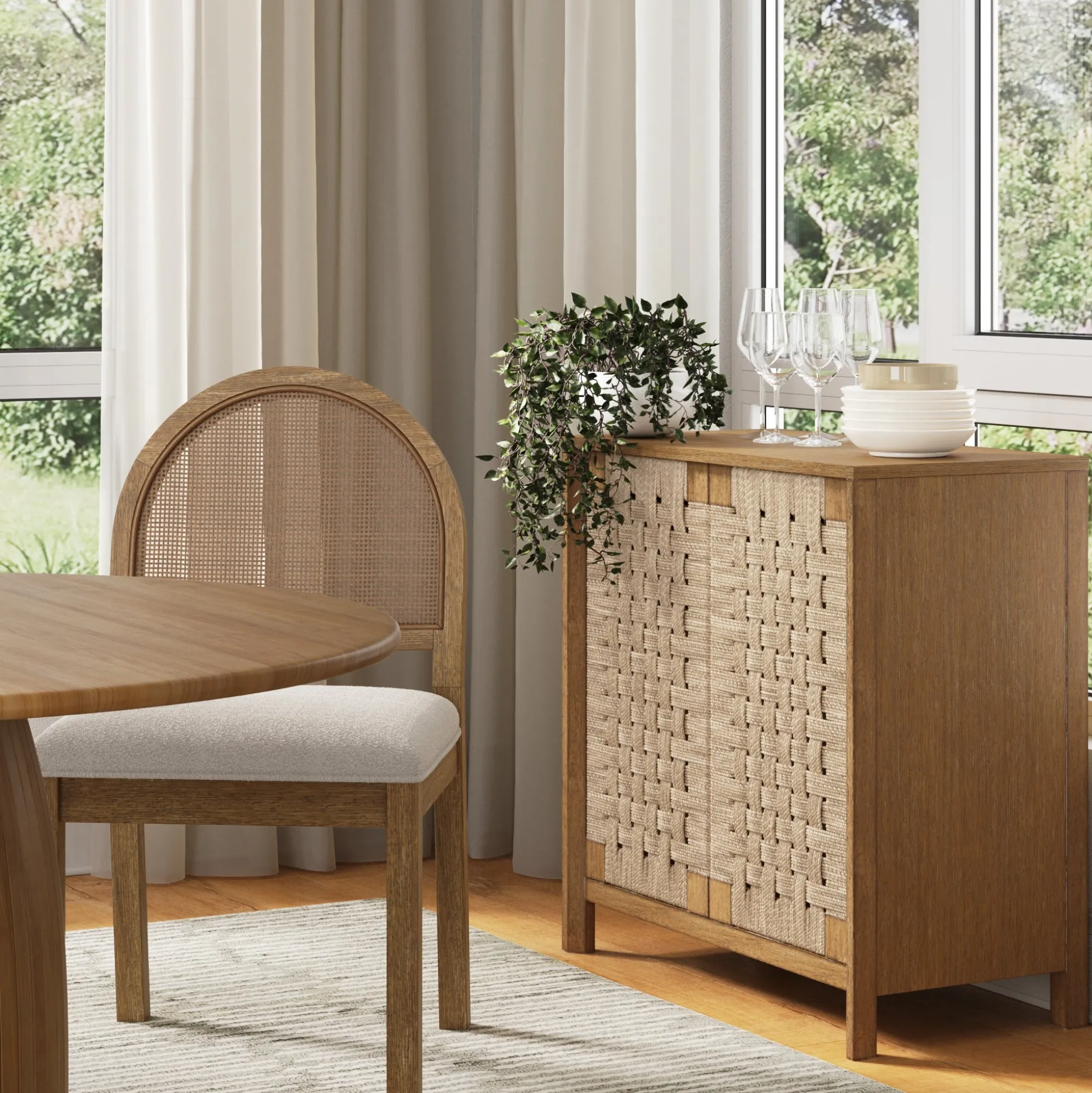 Boho Woven Seagrass & Wood Storage Cabinet Light Brown