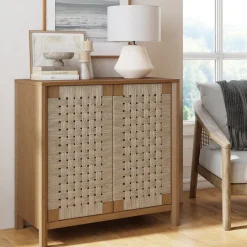 Boho Woven Seagrass & Wood Storage Cabinet Light Brown