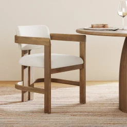 Boucle Barrel Dining Chair w/ Curved Back and Arm Light Brown