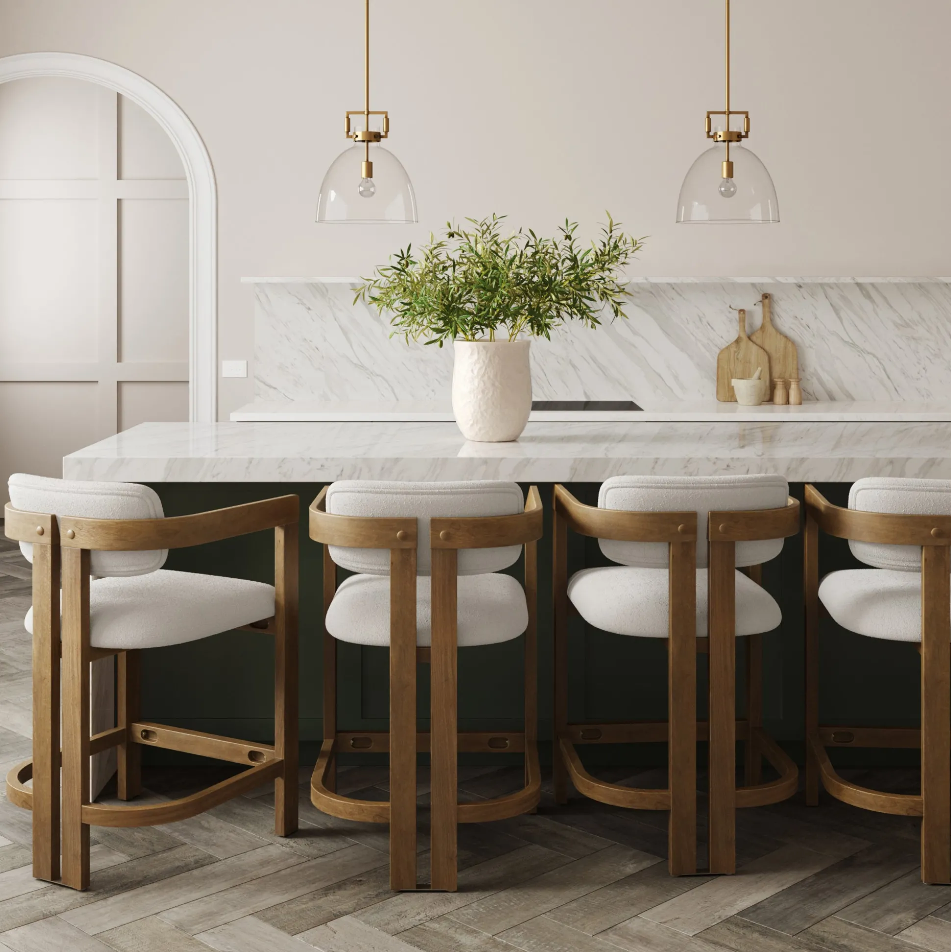 Boucle Bar Stool with Barrel Back and Arm Light Brown (Set of 4)