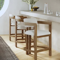 Boucle Bar Stool with Barrel Back and Arm Light Brown (Set of 3)