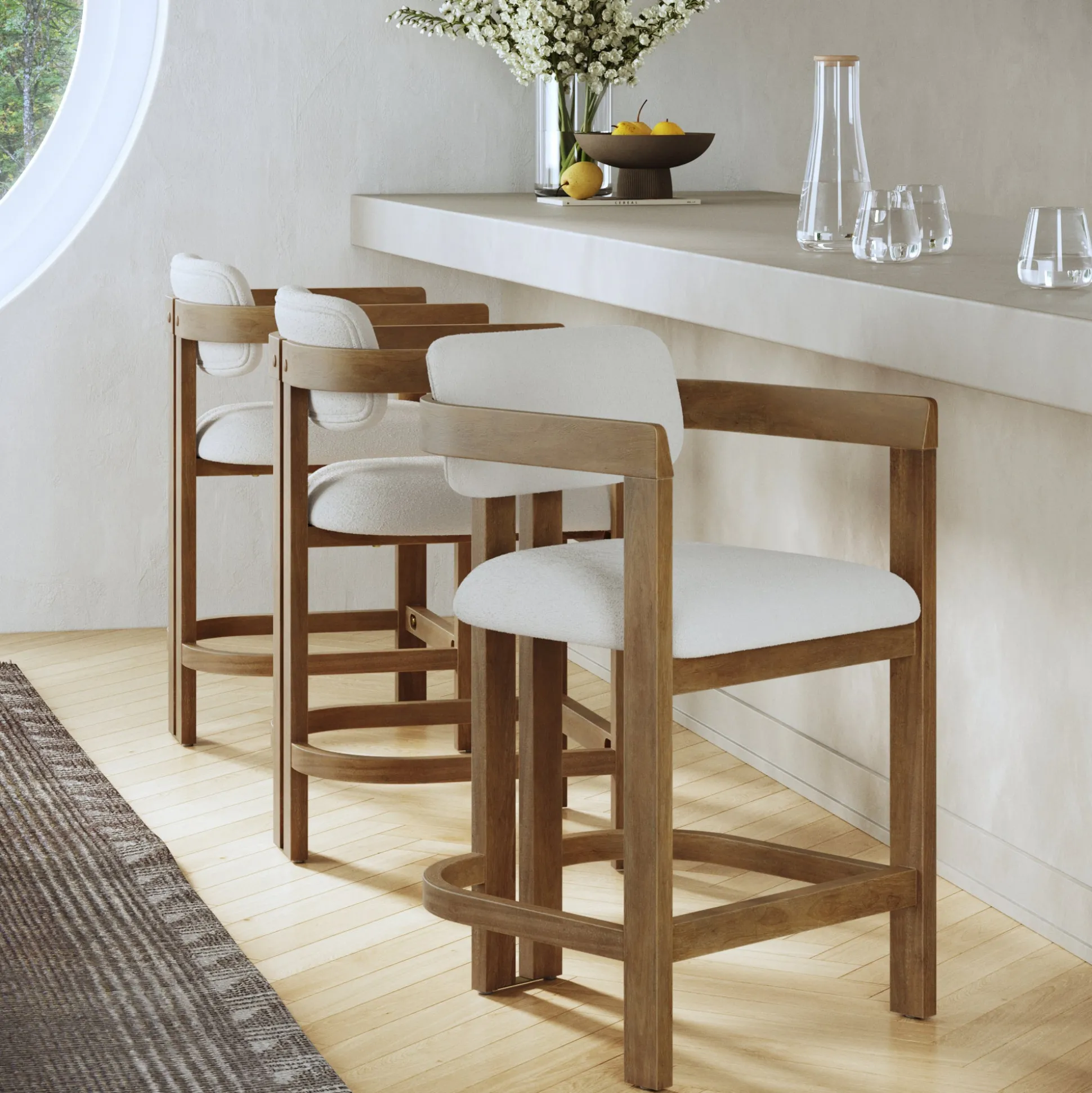 Boucle Bar Stool with Barrel Back and Arm Light Brown (Set of 3)