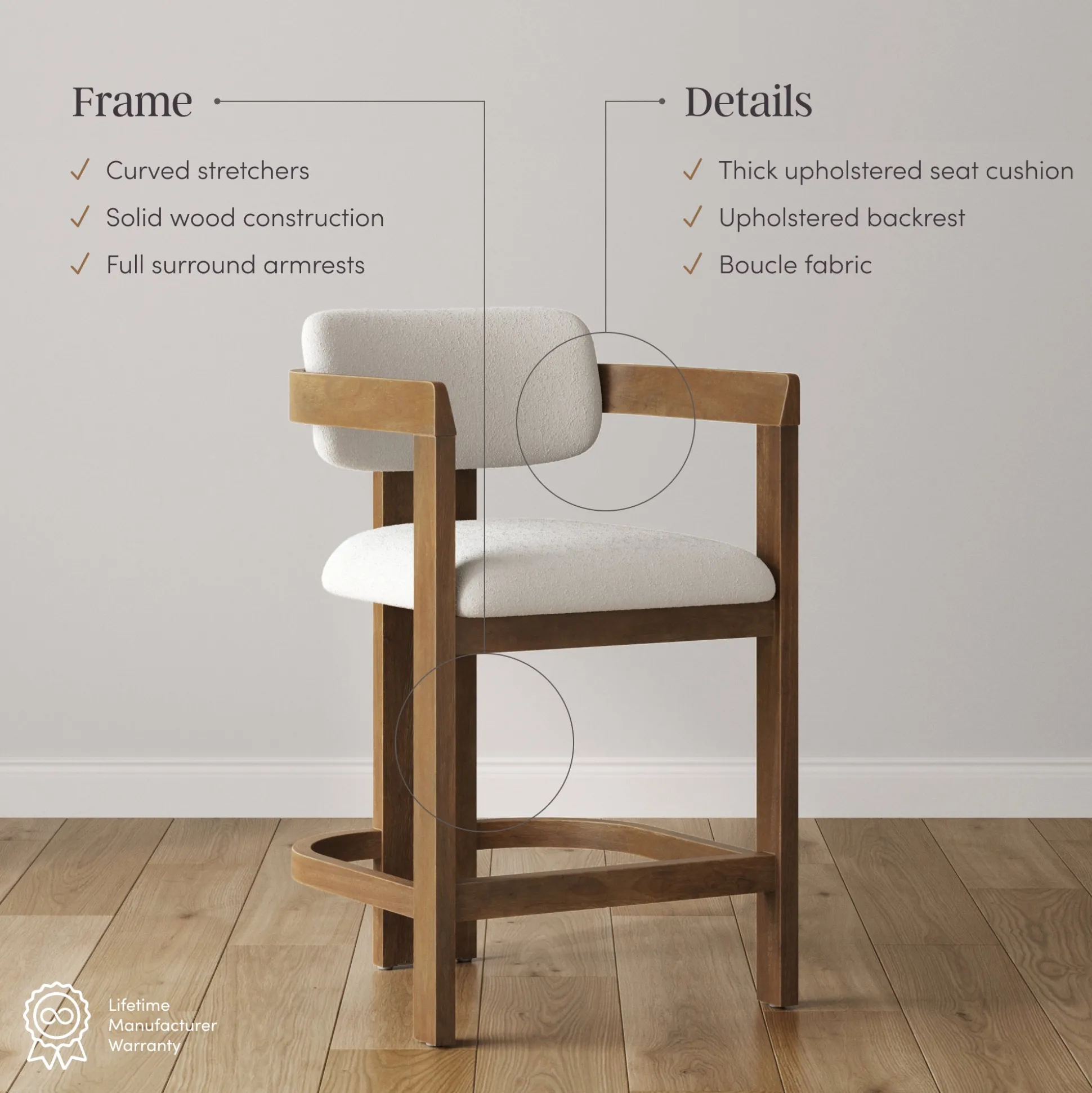 Boucle Bar Stool with Barrel Back and Arm Light Brown (Set of 3)