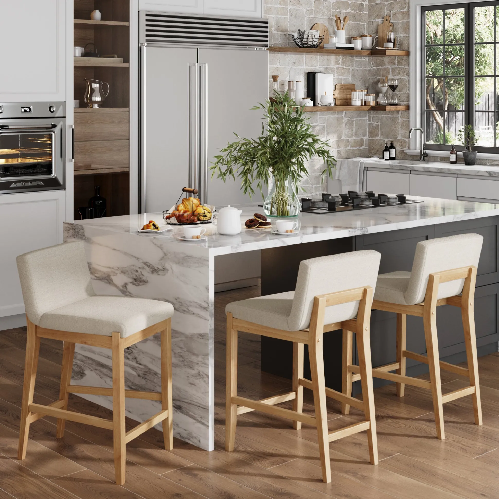 Boucle Counter Height Bar Stools Warm Pine (Set of 3)