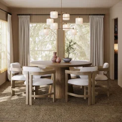 Boucle Dining Chair w/ Curved Back and Arm Light Brown (Set of 6)