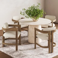 Boucle Dining Chair w/ Curved Back and Arm Light Brown (Set of 4)