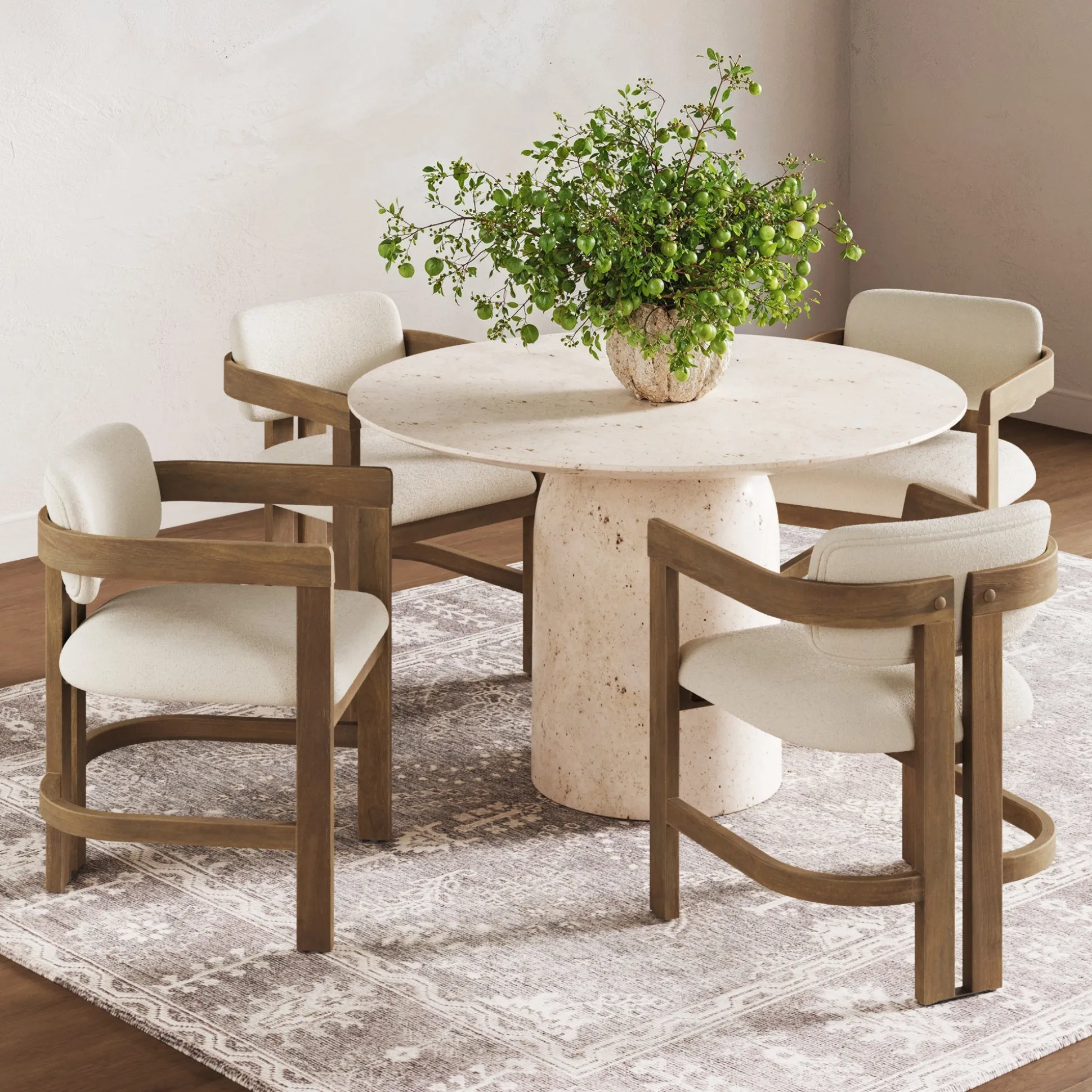 Boucle Dining Chair w/ Curved Back and Arm Light Brown (Set of 4)