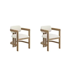 Boucle Dining Chair w/ Curved Back and Arm Light Brown (Set of 2)