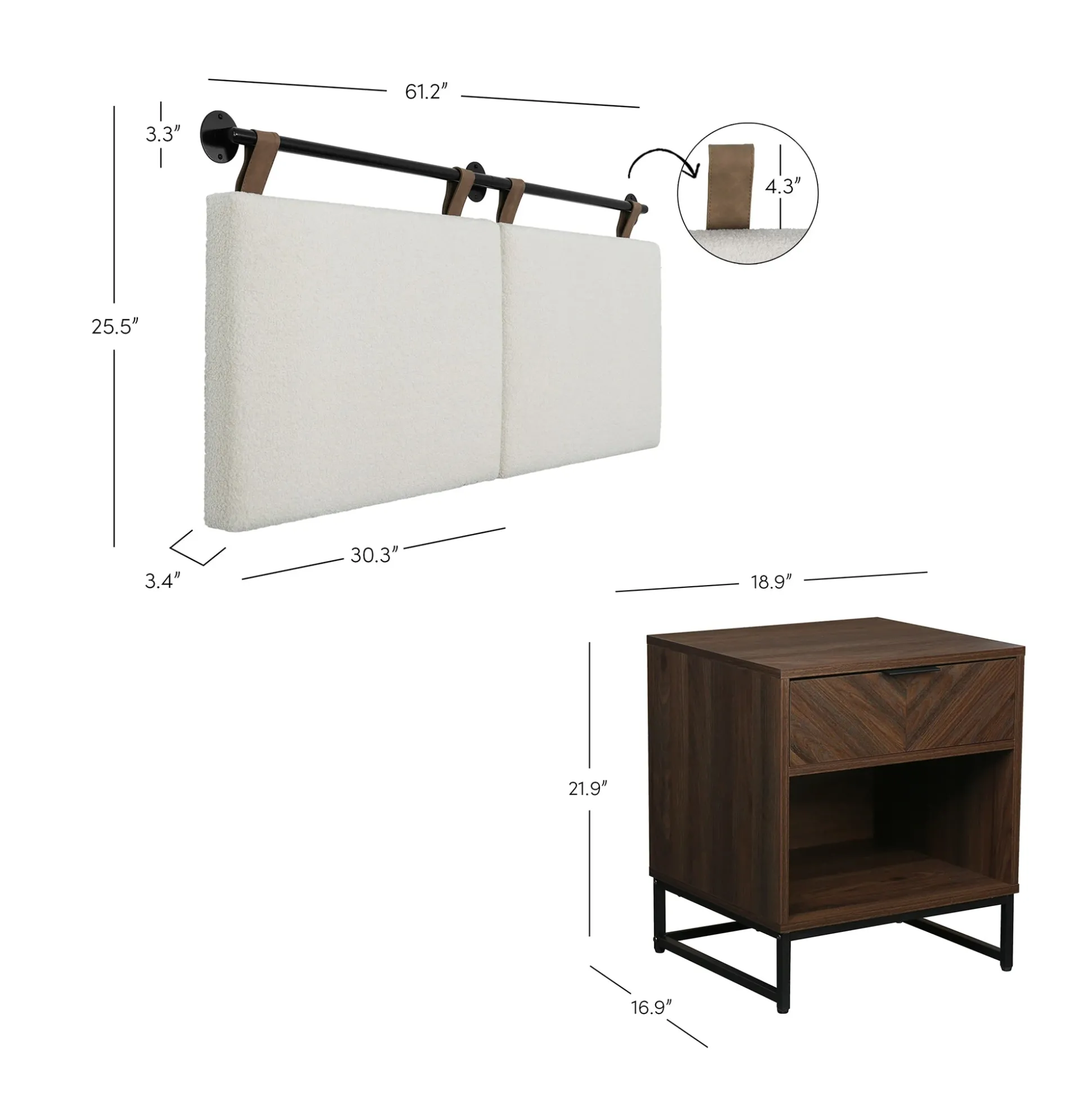 Boucle Queen Headboard and Walnut Nightstand Set