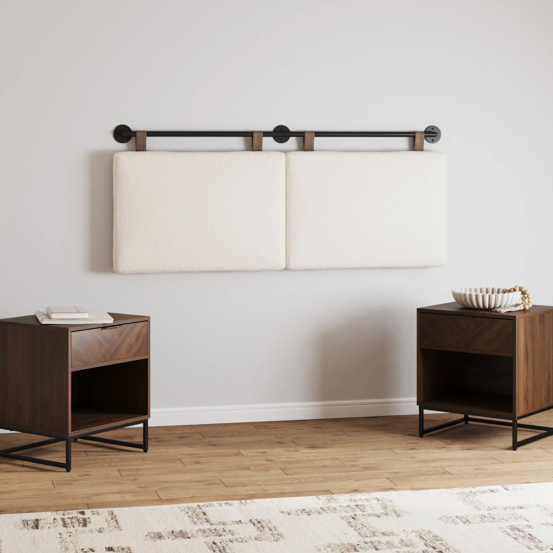 Boucle Queen Headboard and Walnut Nightstand Set
