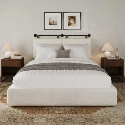 Boucle Queen Headboard and Walnut Nightstand Set