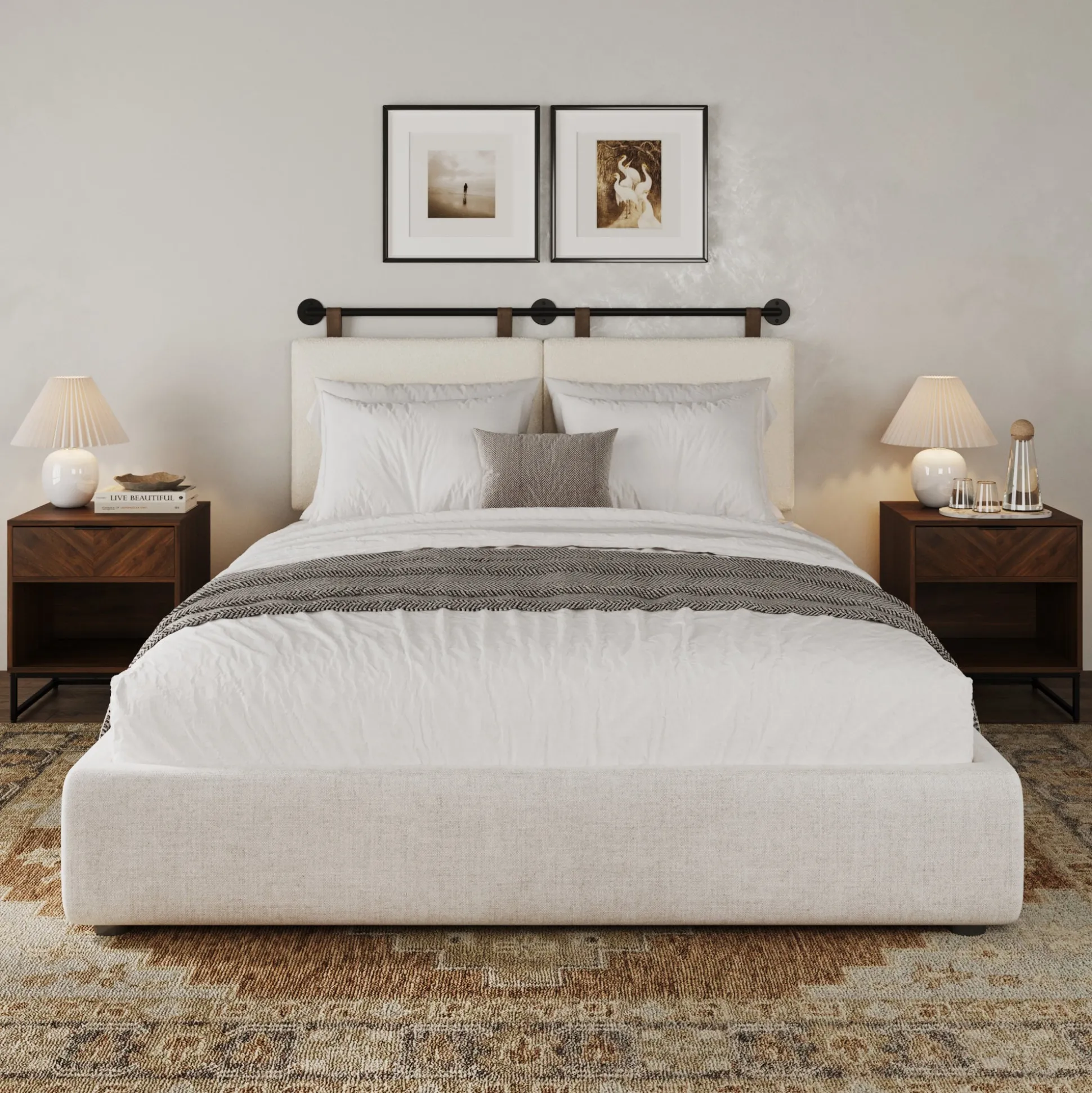 Boucle Queen Headboard and Walnut Nightstand Set