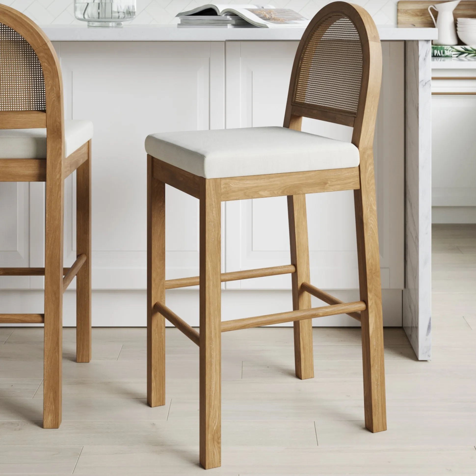 Boucle & Rattan Bar Stool Light Brown
