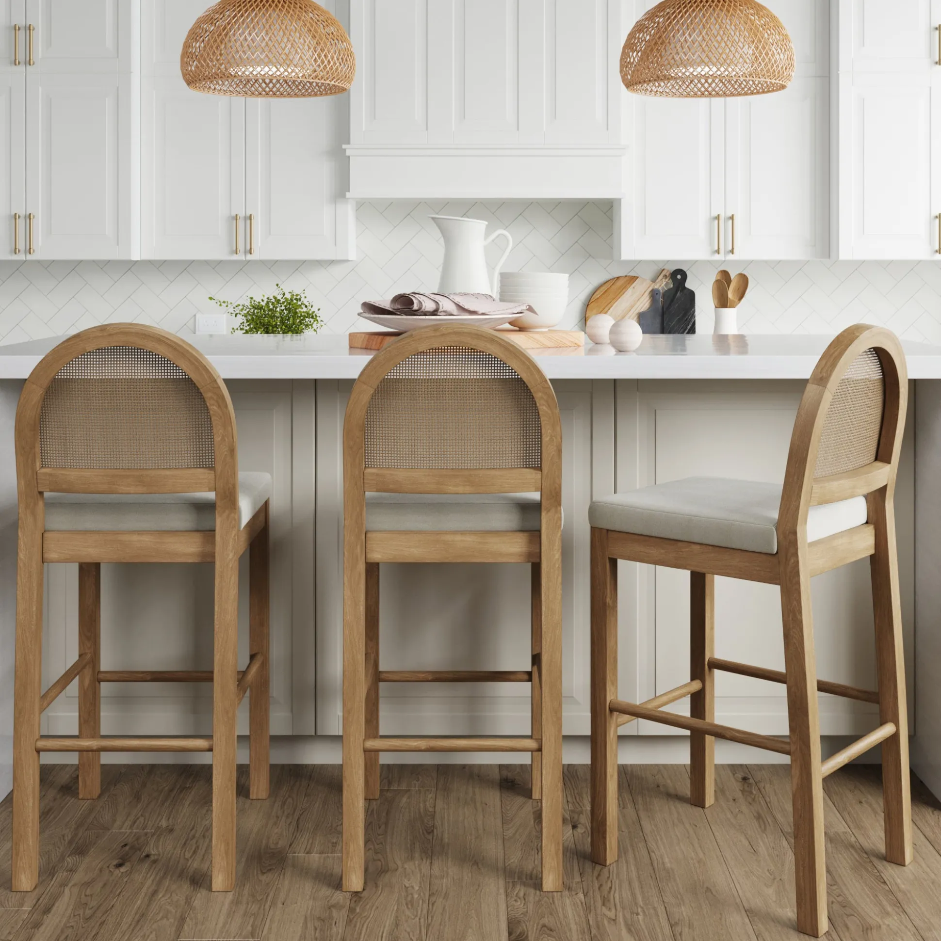 Boucle & Rattan Bar Stools Light Brown (Set of 3)