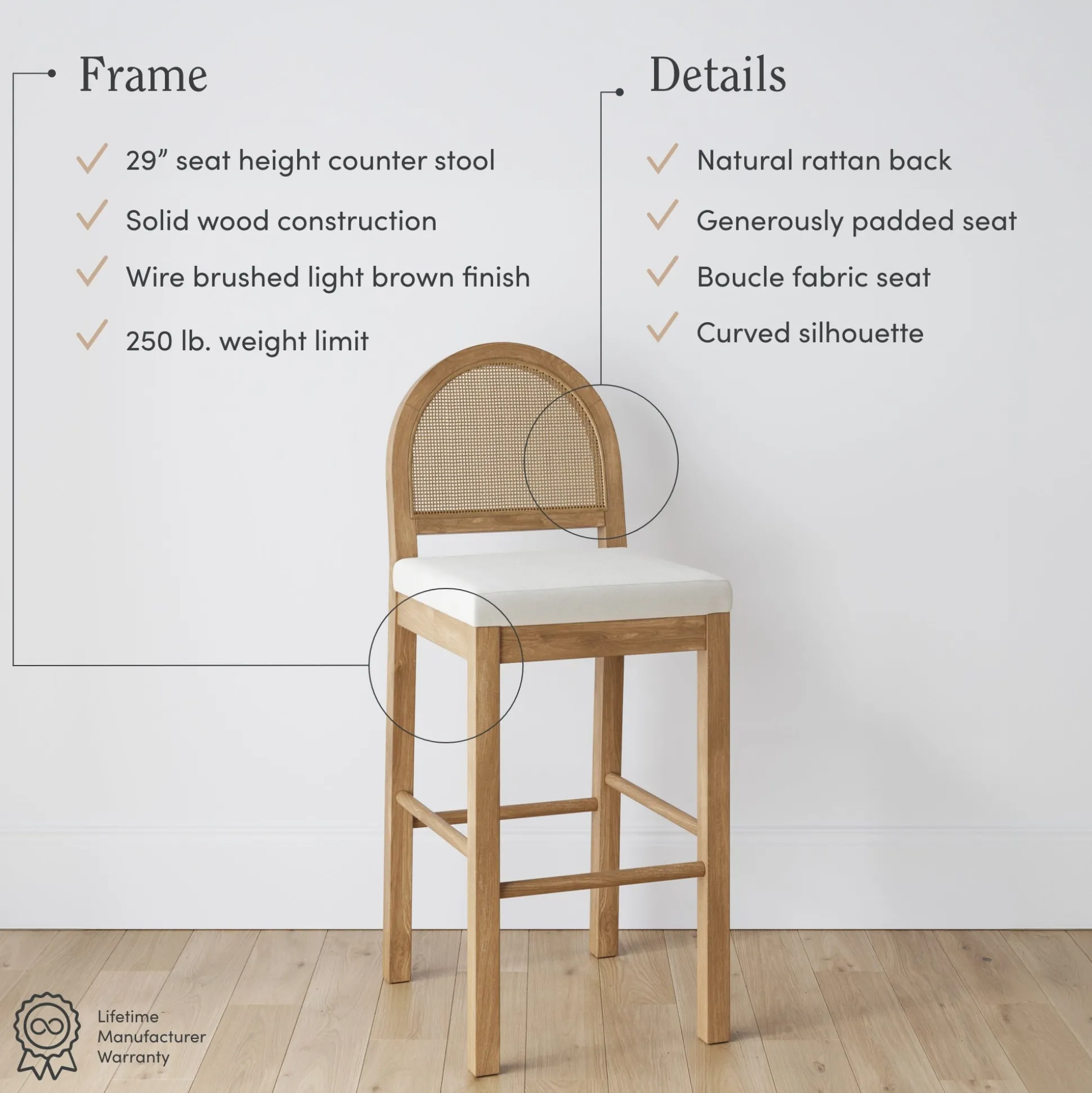 Boucle & Rattan Bar Stools Light Brown (Set of 3)