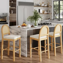 Boucle & Rattan Bar Stools Warm Pine (Set of 3)