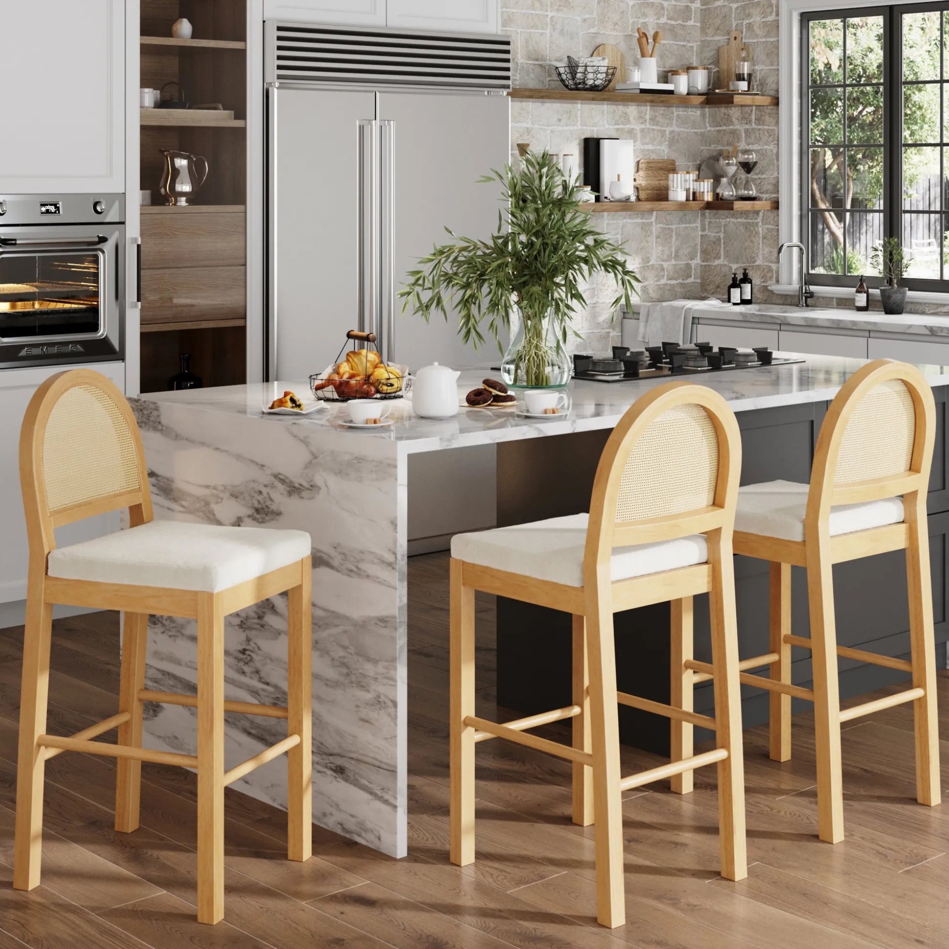 Boucle & Rattan Bar Stools Warm Pine (Set of 3)