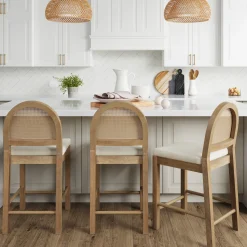 Boucle & Rattan Counter Height Bar Stools Light Brown (Set of 3)