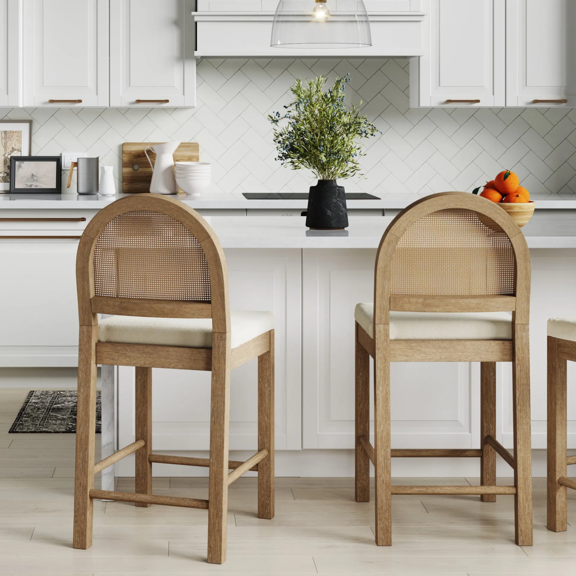 Boucle & Rattan Counter Height Bar Stools Light Brown (Set of 2)
