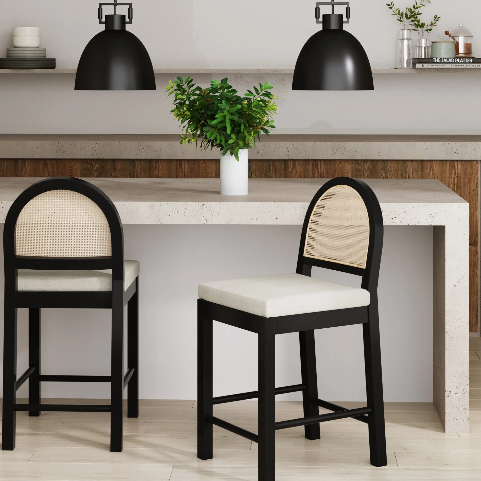 Boucle & Rattan Counter Height Bar Stools Black (Set of 2)