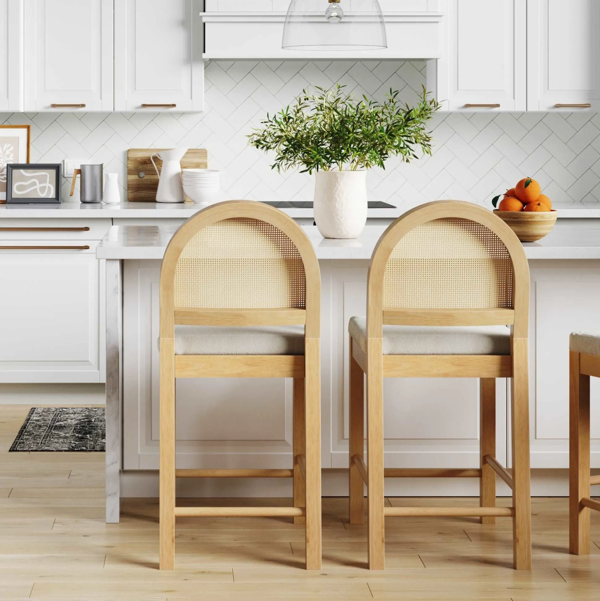 Boucle & Rattan Counter Height Bar Stools Warm Pine (Set of 2)