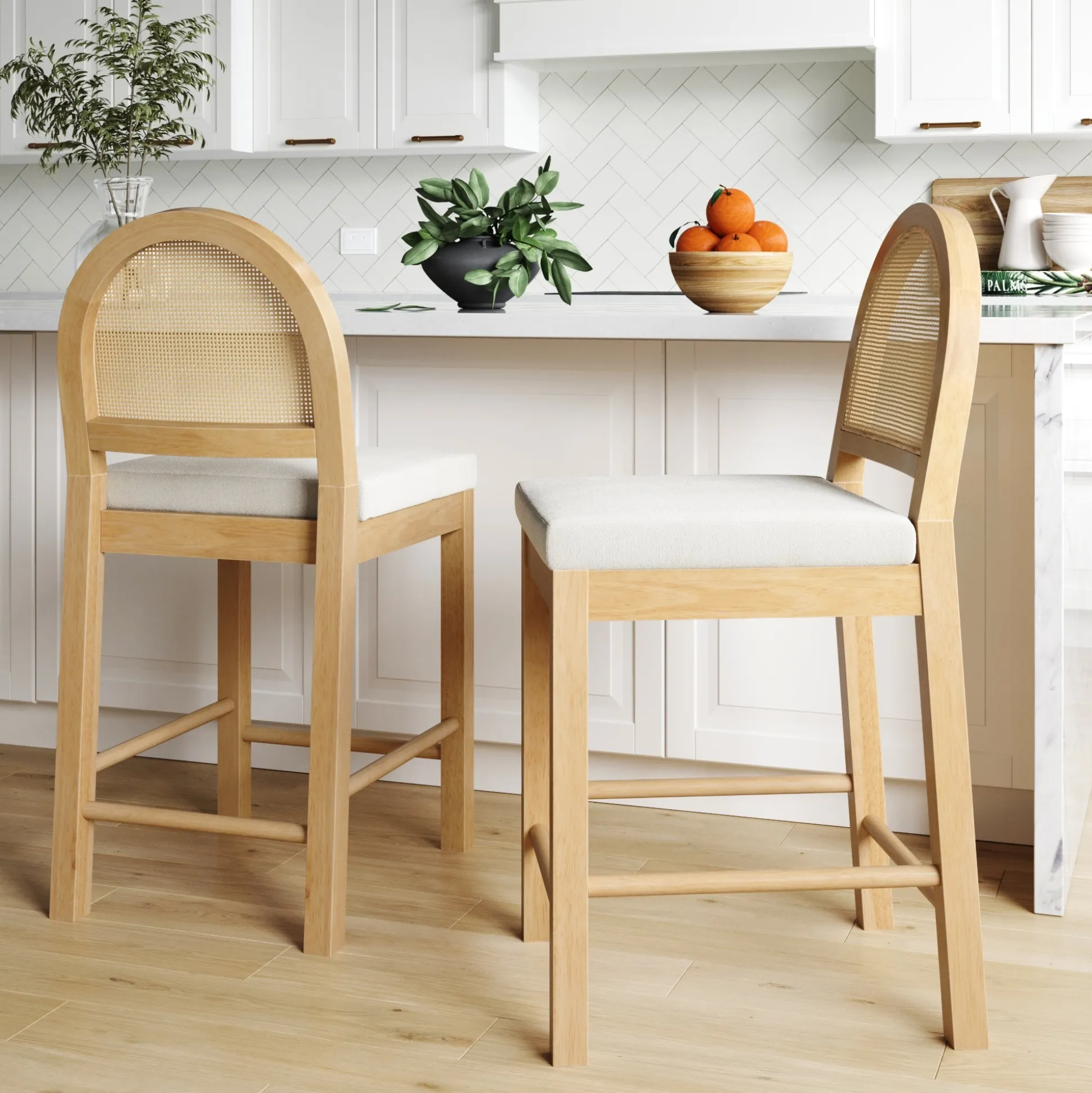 Boucle & Rattan Counter Height Bar Stools Warm Pine (Set of 2)