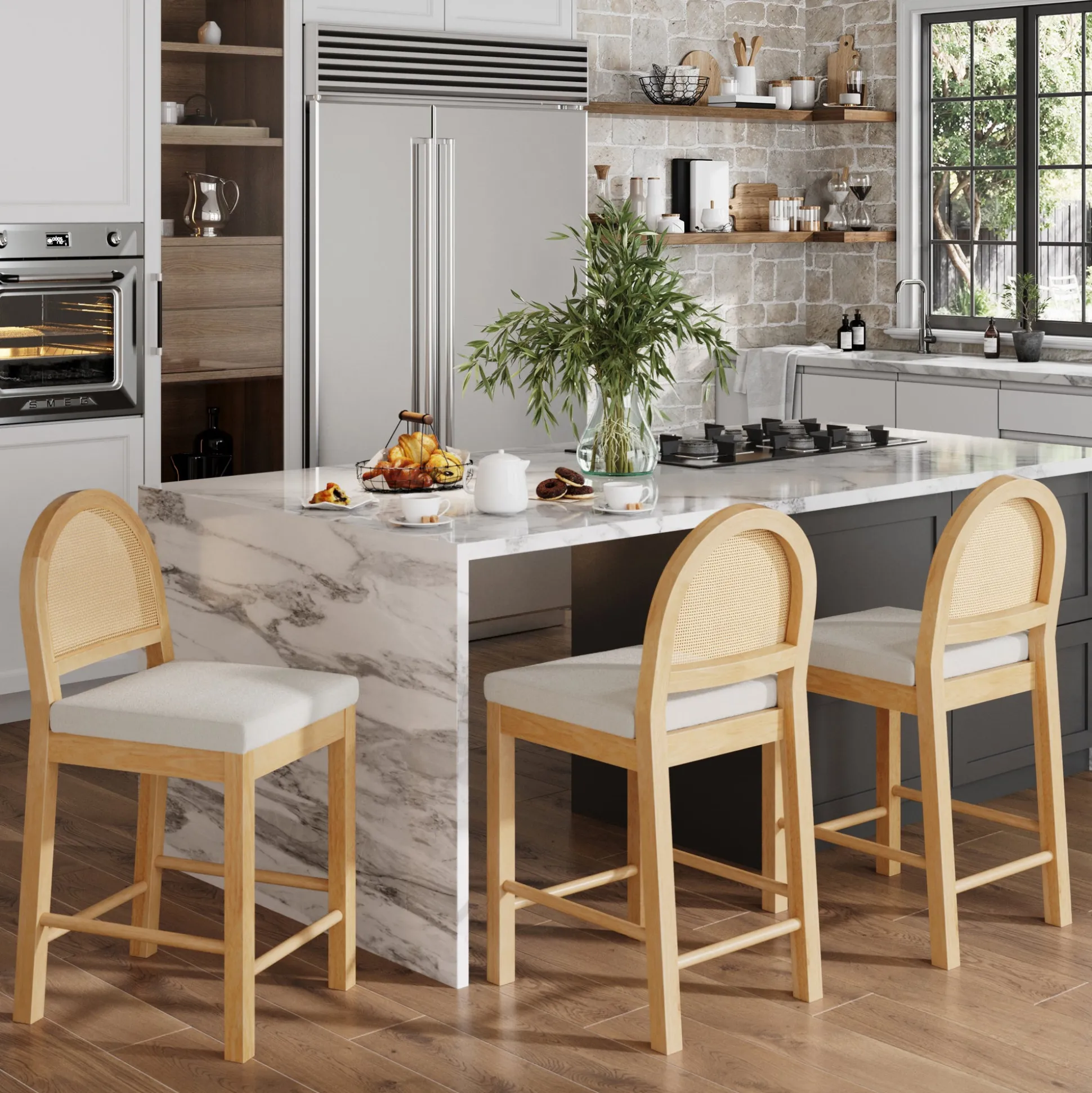 Boucle & Rattan Counter Height Bar Stools Warm Pine (Set of 3)