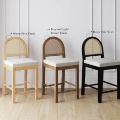 Boucle & Rattan Counter Height Bar Stools Warm Pine (Set of 3)
