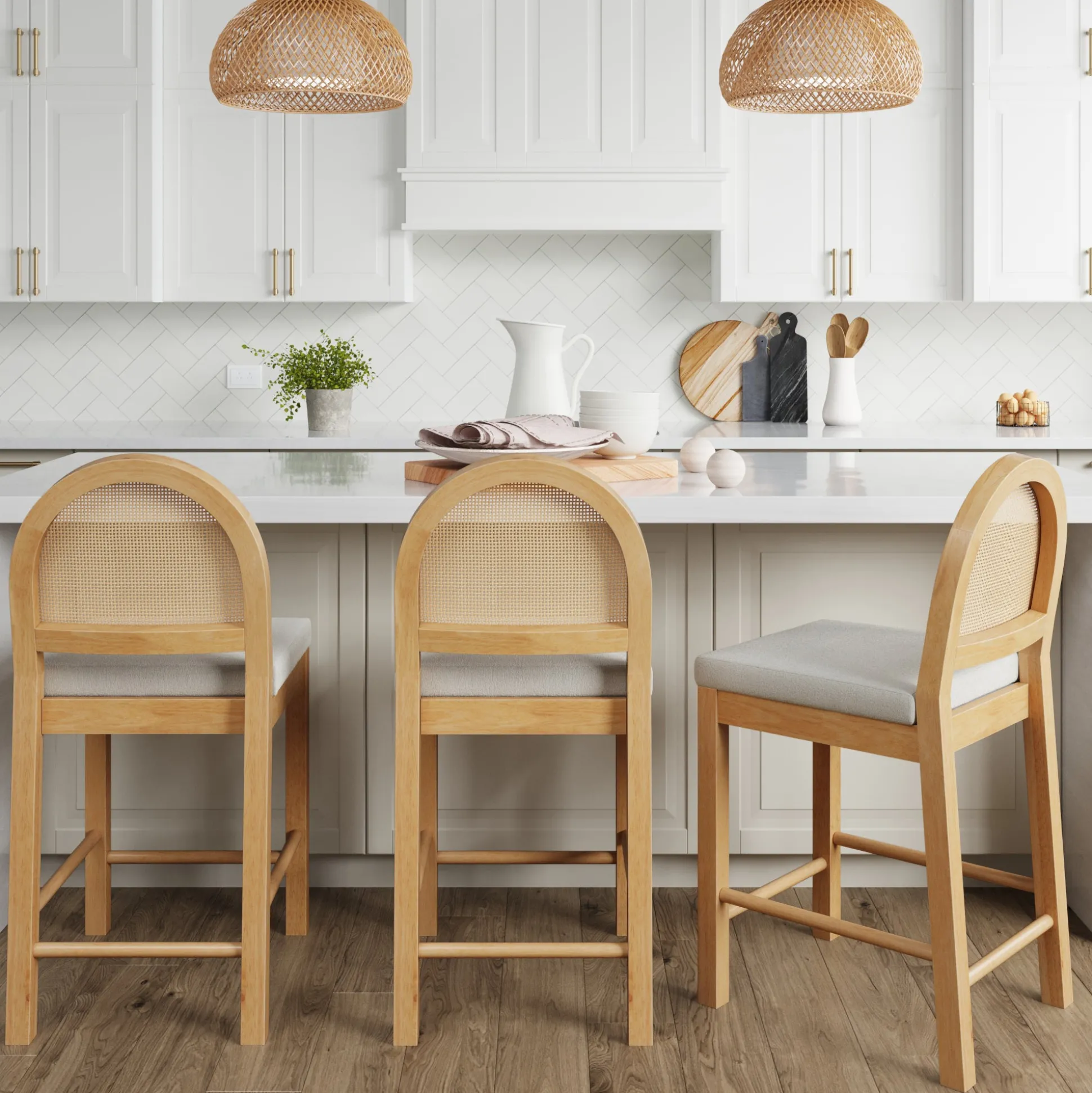 Boucle & Rattan Counter Height Bar Stools Warm Pine (Set of 3)