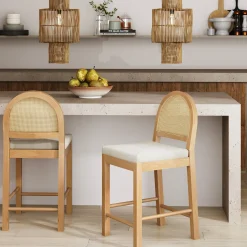 Boucle & Rattan Counter Height Bar Stool Warm Pine